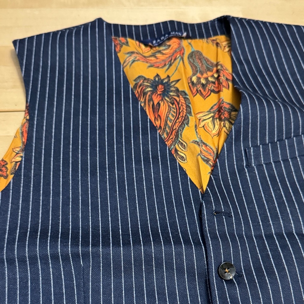 Zara Navy Pinstripe Vest with Vibrant Orange Lining